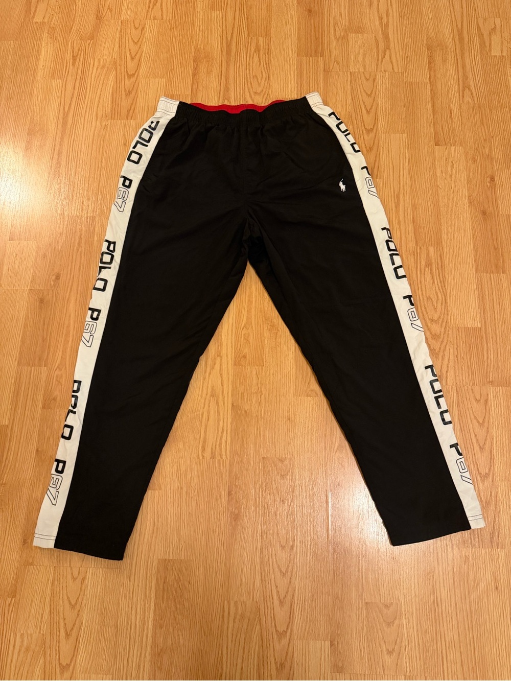 Polo Ralph Lauren P67 track nylon pants in black with white side panels Sz L